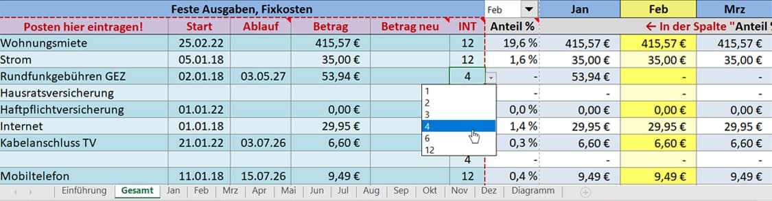 Zahlungsintervalle für wiederkehrende Ausgaben im Excel-Haushaltsbuch