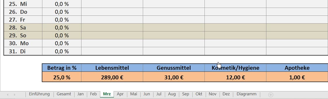 Monatsblatt des Excel-Haushaltsbuchs